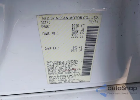 2015 Nissan Altima 2.5 S z USA, uszkodzony, nr VIN 1N4AL3APXFN890520